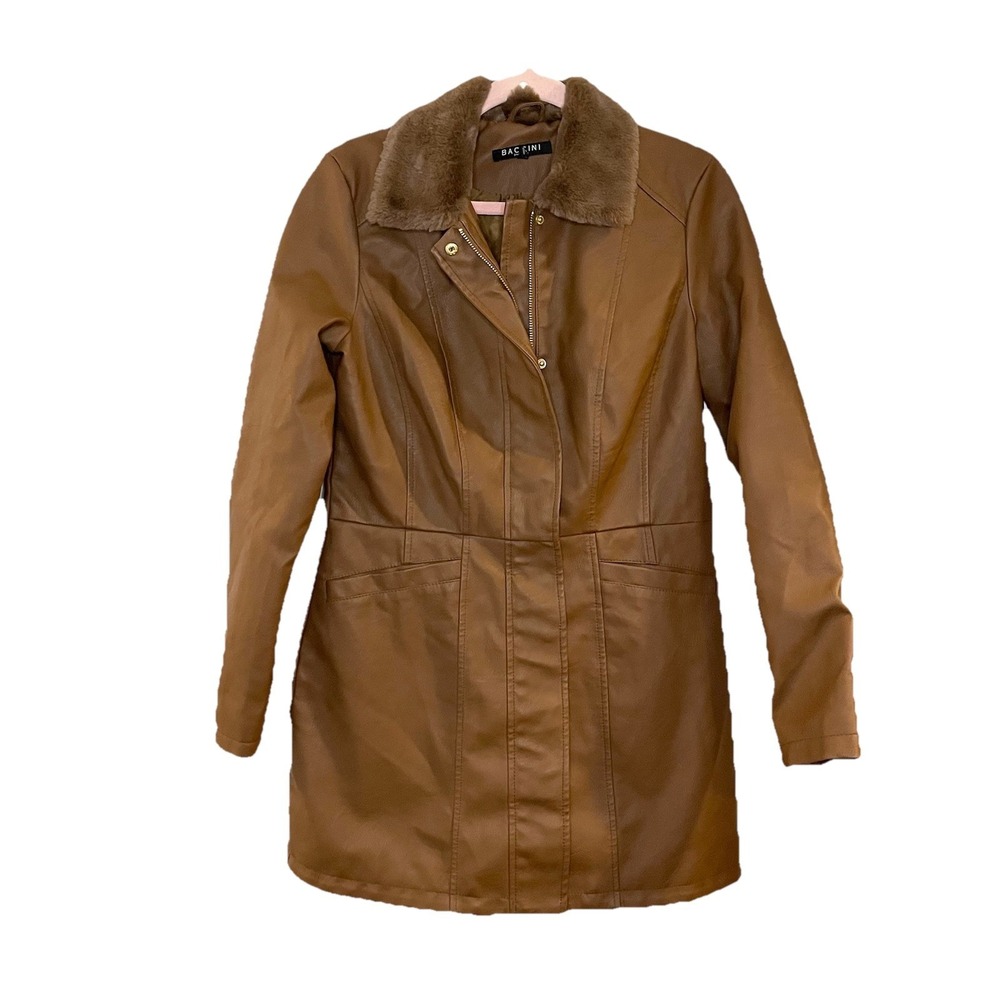 Baccini Women's Brown Faux Leather Fur Collar Jacket Long Retro Penny Lane Style